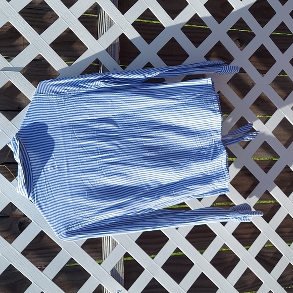 A blue and white striped long sleeve button up shirt with a bedazzled pocket.b - Picture 2 of 2